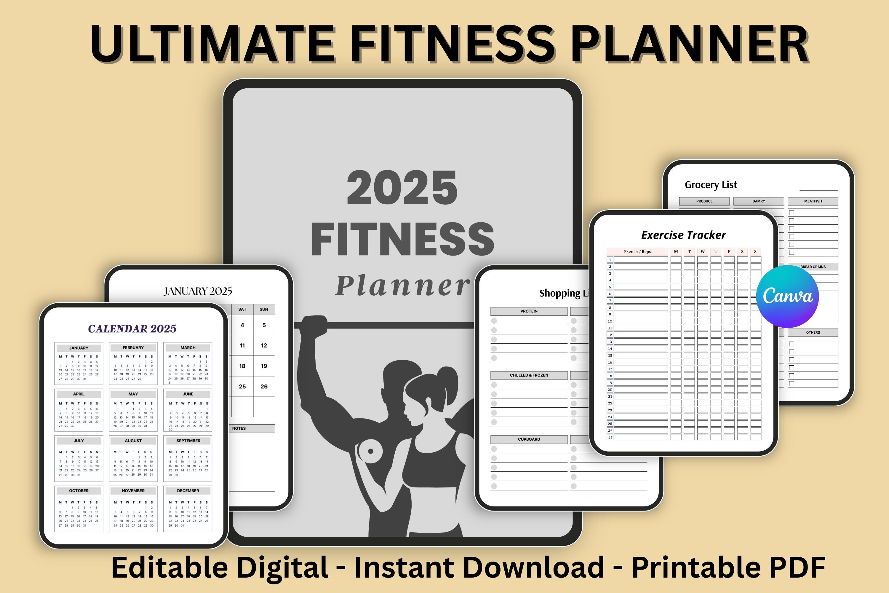 Editable Fitness Planner 2025, Digital Workout Journal, Printable Exercise Tracker, Wellness Goals PDF, Gym Planner, Health Organizer