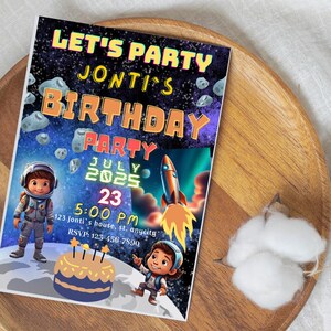 Invitación de cumpleaños de astronauta editable, invitación a fiesta espacial de dibujos animados, tarjeta de cumpleaños infantil imprimible, PDF personalizado, temática de galaxia 2025