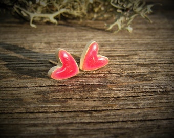 heart ceramic earrings, 925 silver, deep red heart, small red stud earrings