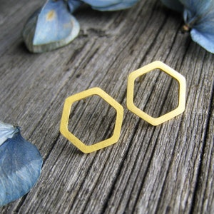 Hexagon stud earrings gold, stainless steel, geometric, open hexagon earrings, honeycomb, polygon, gold-plated