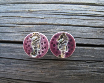 Ceramic stud earrings hippocampus, sea stud earrings, made of clay, earrings, lilac