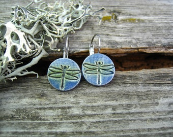 Ceramic earrings blue, dragon fly, stainless steel