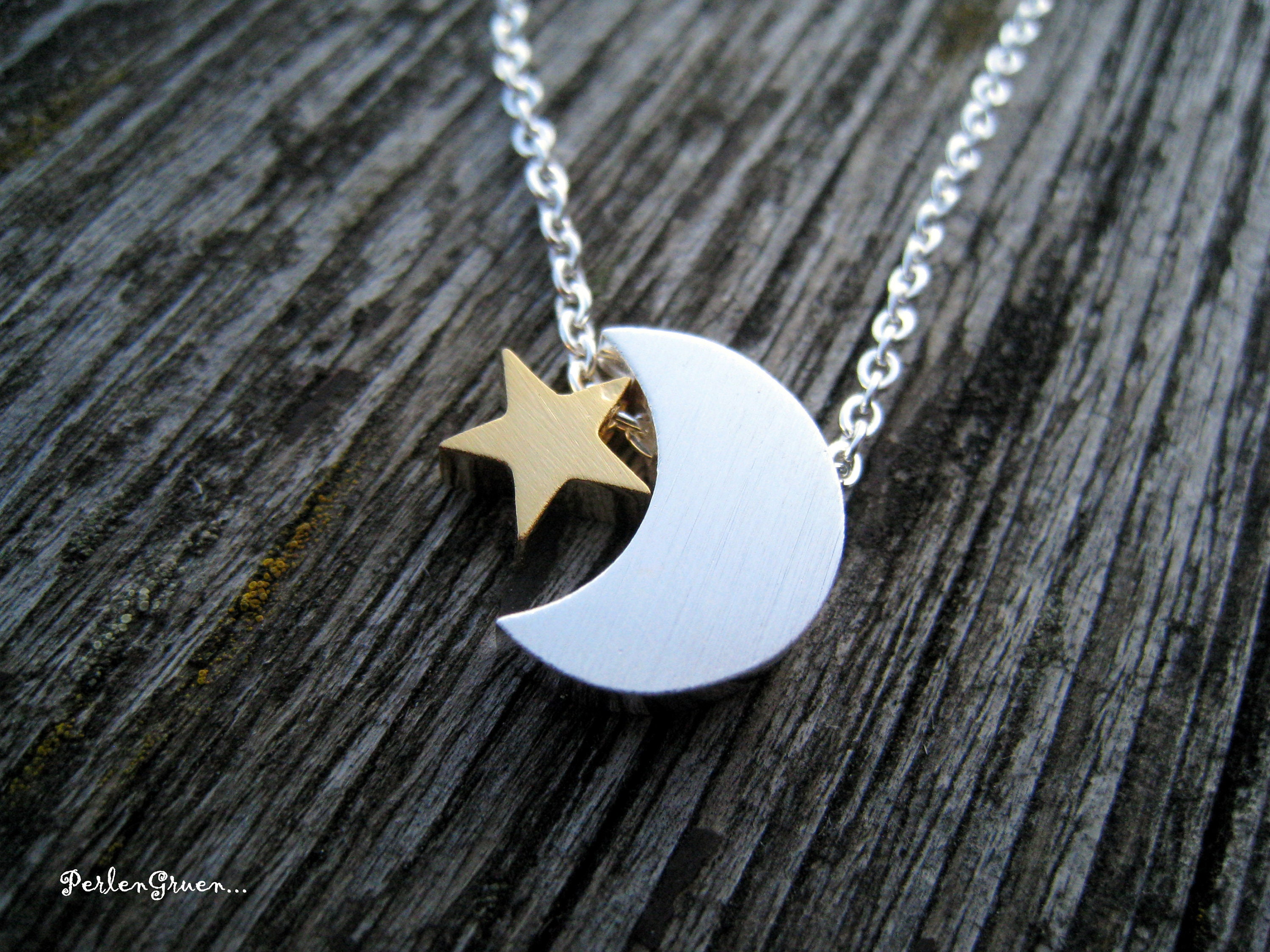 Silver Moon Necklace Silver Crescent Moon Gold Star Moon and