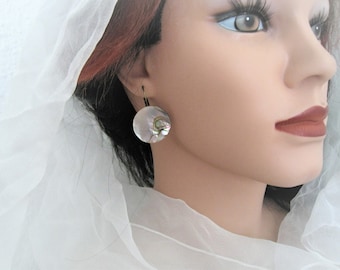 Large white rainbow earrings, mother-of-pearl, upcycling button jewelry, retro earrings white bronze