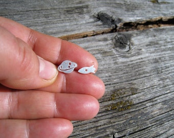 Saturn and rocket studs, silver, galaxy, rocket stud earrings, cosmos, space, asymmetrical