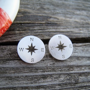 wind rose ear studs, compass silver,  earstud stainless steel, silver plated earstuds, compass