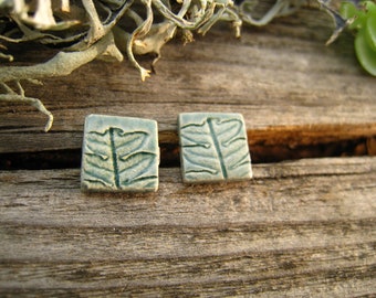 Ceramic plug blue-green, celadon, square ceramic ear stud, stainless steel