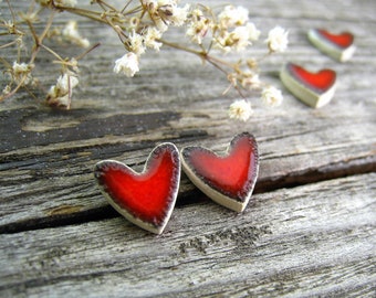 heart ceramic earrings, red heart, small red stud earrings