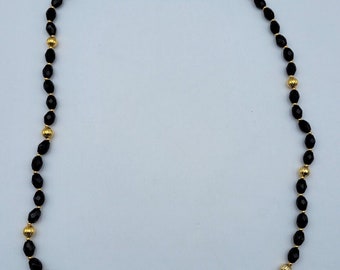 Pretty Vintage Black and Gold Tone Beaded Necklace 24" Long