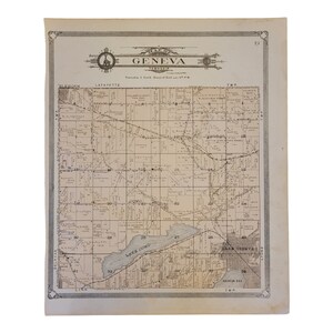 May include: A vintage map of Geneva Township, showing the layout of roads, lakes, and property lines. The map is printed on aged paper with a decorative border.