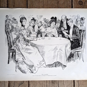 Original 1900 "The Supper" Charles Gibson Girl 2 Sided Print Art 17" x 11"