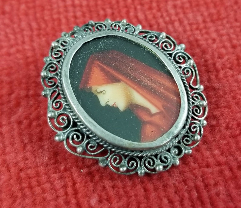 Vintage Hand Painted 800 Silver Pin Brooch Pendant St Fabiola Henner Filigree