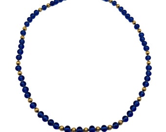 Pretty Vintage Blue and Gold Tone Beaded Necklace 28" Long