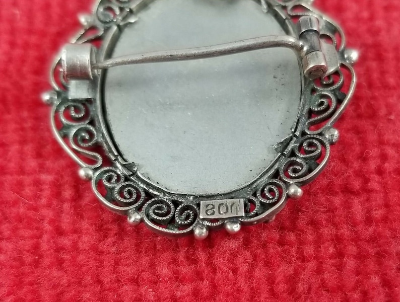 Vintage Hand Painted 800 Silver Pin Brooch Pendant St Fabiola Henner Filigree
