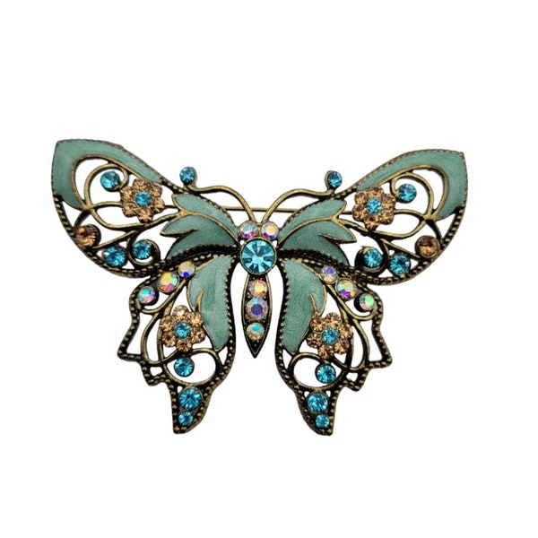 Butterfly Brooch Nina Ricci for Avon Turquoise Enamel and Rhinestones 4" Wide