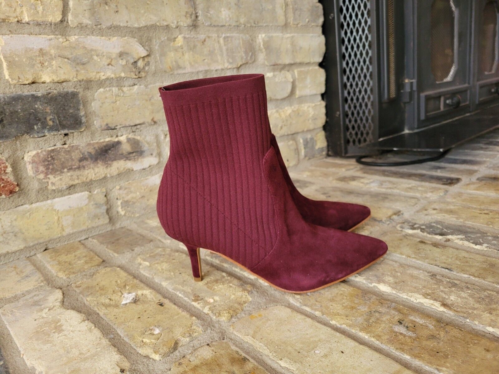Mark Fisher Albinia Maroon Purple Suede Ankle Knit Sock Women s