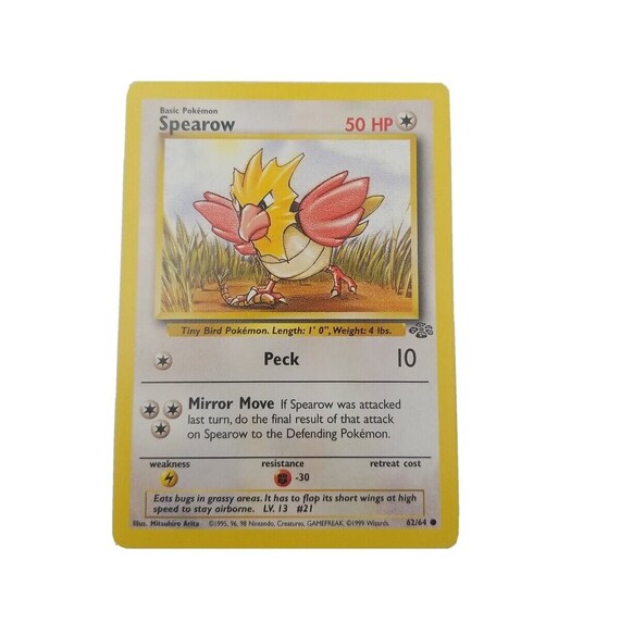 1995 spearow pokemon card (61/100) [EX: Crystal Guardians] Retreat Cost Spearow Jungle (1st Edition) 62/64