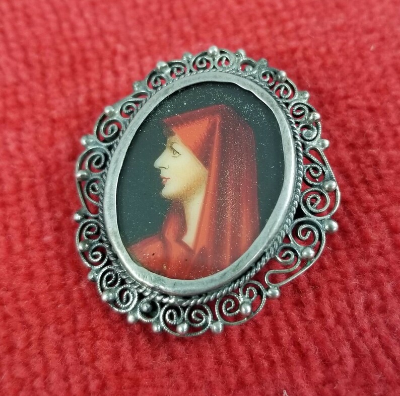 Vintage Hand Painted 800 Silver Pin Brooch Pendant St Fabiola Henner Filigree