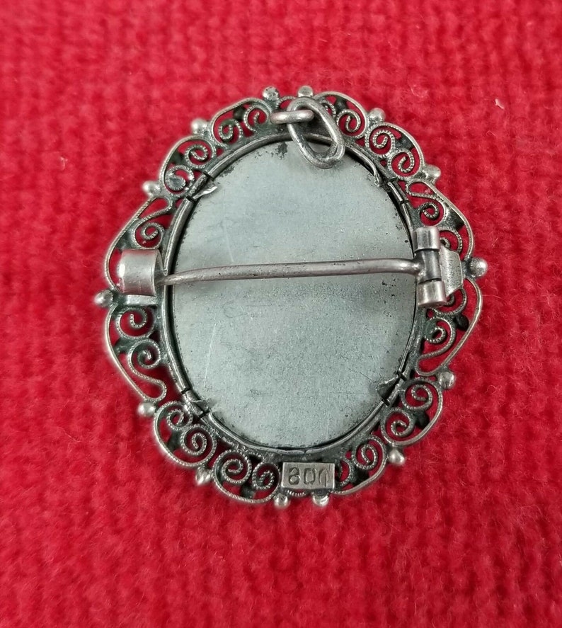 Vintage Hand Painted 800 Silver Pin Brooch Pendant St Fabiola Henner Filigree