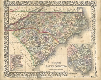 1867 North Carolina South Carolina Antique Map Digital Download 18.95 MB PDF