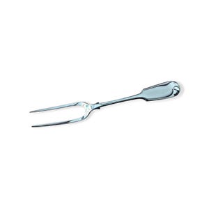 May include: A silver-colored carving fork with two tines and a decorative handle. The handle has a curved shape with a floral design at the end. The fork is designed for serving meats.