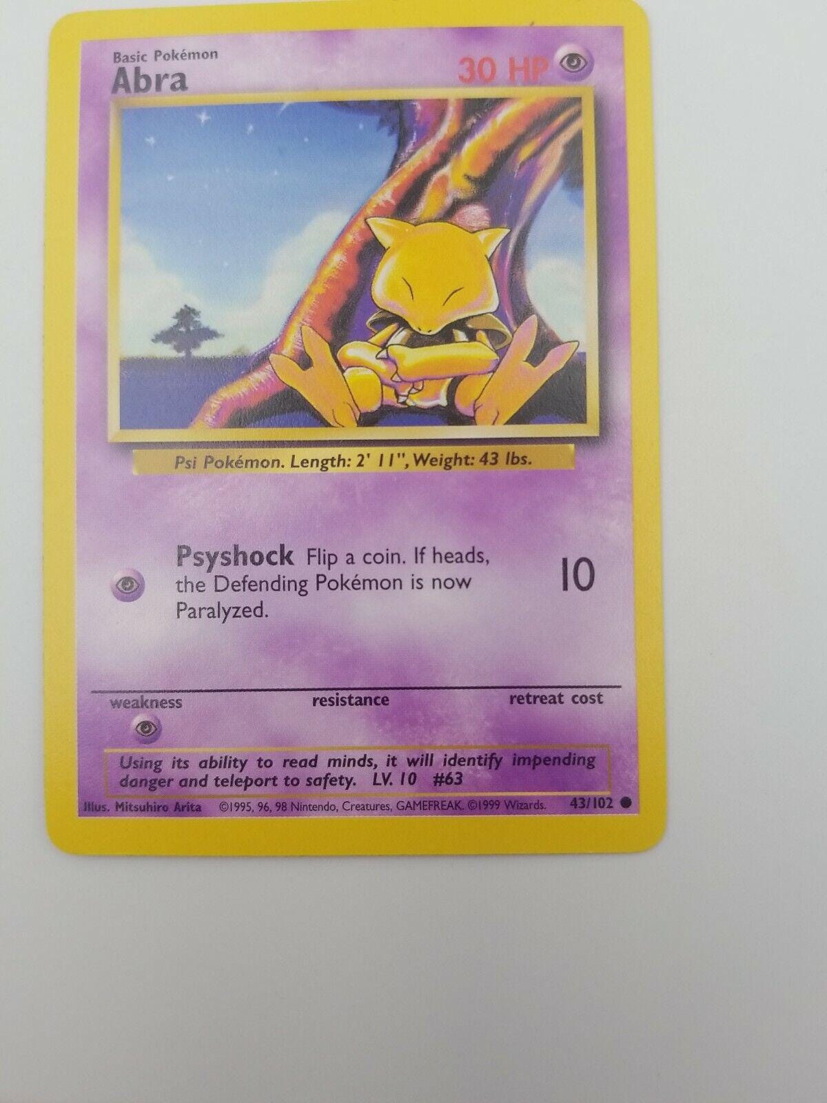 abra pokemon card 43 102 Pokémon TCG Base Set 43/102 Regular Unlimited Common This is of the Common rarity. Pokemon Abra 43/102 Base Set