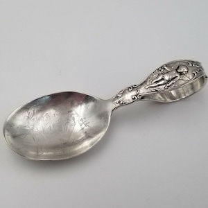 Cupid Sterling Silver Curved Handle Baby Spoon w/ Child by Reed & Barton 3 5/8&quot;