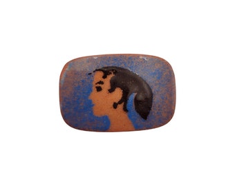 Vintage Glazed Painted Woman's Face Terracotta Brooch Pin with Brass Back 1 3/4"