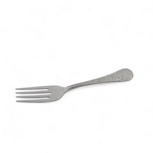 May include: A silver fork with three tines and a decorative handle. The handle features an embossed floral design. The fork is made of a shiny, reflective metal and is set against a white background. This utensil is suitable for dining.
