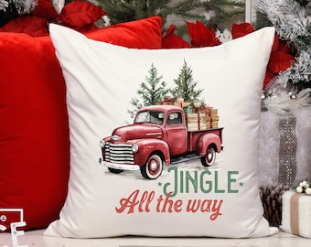 Jingle All The Way Red Christmas Truck Pillow Cover - Vintage Truck Pillow Cover - Christmas Gift For The Family.