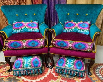 Vintage Velvet Tie Dye Chair, Footstool & Lumbar Pillow