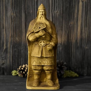 Wooden statue of Nordic God Thor, Norse mythology, pagans altar decor.