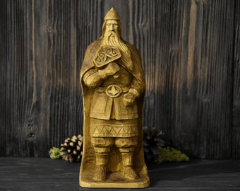 Wooden statue of Nordic God Thor, Norse mythology, pagans altar decor.