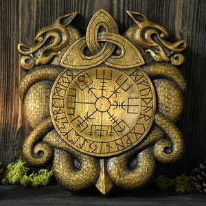 Wooden picture dragon&#39;s with Triquetra, Vegvizir, and runes. Handmade vikings altar decor with option to hang on the wall