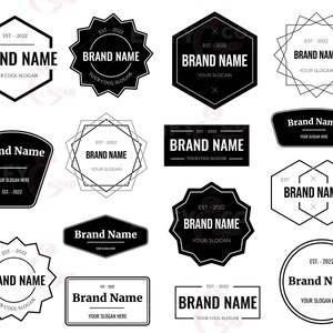 May include: A collection of 12 black and white logo designs featuring different shapes and fonts. The logos include the text "Brand Name" and "Your Cool Slogan".