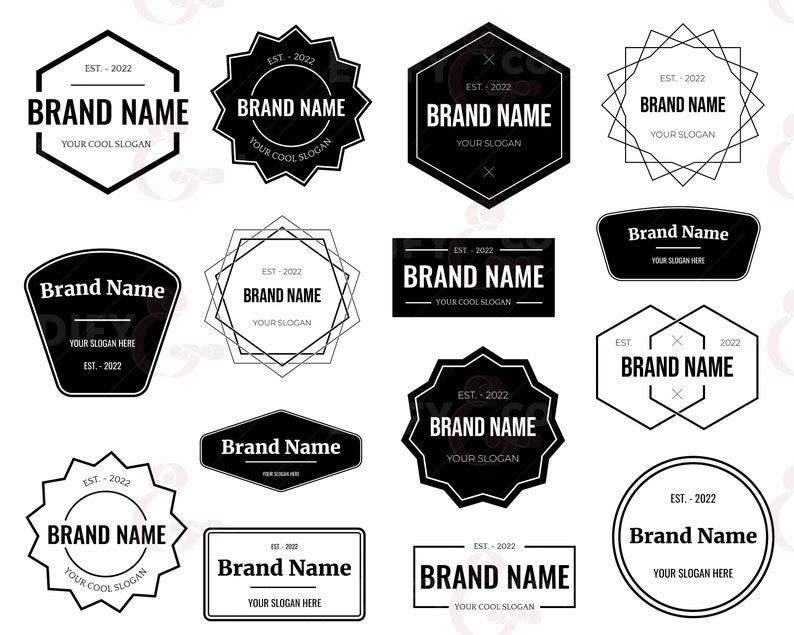 May include: A collection of 12 black and white logo designs featuring different shapes and fonts. The logos include the text "Brand Name" and "Your Cool Slogan".