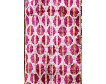Pink Dots Velvet Fabric, OgeeSilk Ikat Cloth, Handwoven Geometric Velvet Textile, Uzbek Fabric, Ikat Fabric by the Yard