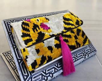 Ikat Velvet Clutch Bag: Tiger Stripe, Silk Tassel