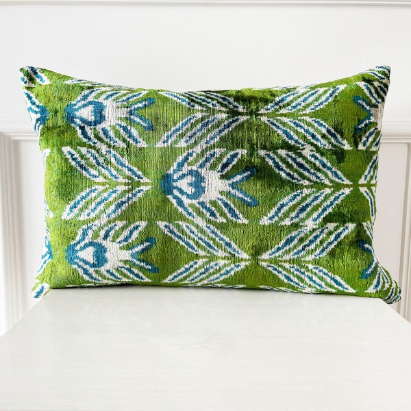 Green Pillow Cover, Ikat Throw Pillow, Emerald Green Ikat Velvet Pillow, Floral Ikat Cushion, Silk Pillowcase, Green-Blue Lumbar Pillow