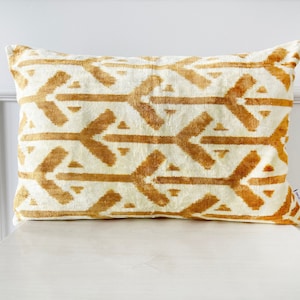 Gold Geometric Pillow Cover, Orange Chevron Velvet Pillow, Silk Ikat Pillowcase, Ikat Cushion, Throw Pillows, Light Brown Lumbar Pillows image 1