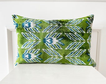 Green Pillow Cover, Ikat Throw Pillow, Emerald Green Ikat Velvet Pillow, Floral Ikat Cushion, Silk Pillowcase, Green-Blue Lumbar Pillow