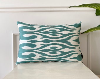 Turquoise Ikat Pillow, Mint Silk Ikat Pillowcase, Ikat Throw Pillows, Silk Ikat Cushion Cover, Silk Lumbar Pillows, Blue Sofa Pillow