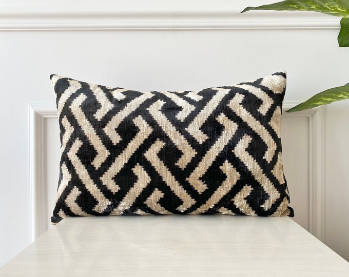Black & Beige Pillow Cover Ikat Velvet Pillow Silk Ikat Etsy