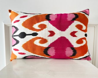 Orange & Pink Ikat Pillow, Vibrant Silk Ikat Pillow, Heart Accent Pillow, Silk Pillowcase, Dyed Lumbar Pillow, 16 x 24 Pillow