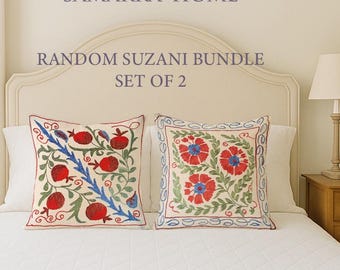 Handmade Suzani Pillow Cover Set: Silk & Cotton Embroidered Boho Decor
