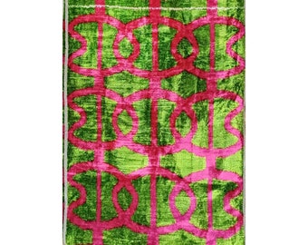 Green Pink Velvet Fabric, Dark Pink Silk Ikat Cloth, Handwoven Ikat Design Velvet Textile, Red Uzbek Fabric, Ikat Fabric by the Yard