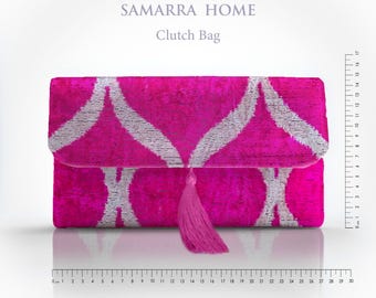 Fuchsia Pink Silk Velvet Clutch Bag with Tassel: Handwoven Ikat Evening Purse