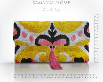 Velvet Ikat Clutch Bag: Handwoven Silk, Pink Tassel