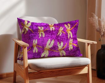 Purple Dragonfly Ikat Velvet Pillow Cover - Bohemian Cushion