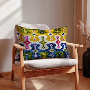 Bangkok – Multicolor Ikat Velvet Pillow – Boho Silk Cushion – Handwoven Pillowcase – Decorative Pillow Cover – Yellow Blue Green Pink Accent